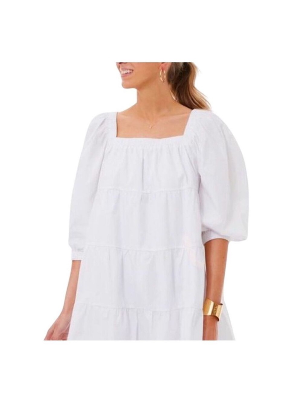 Pomander Place White Square-Neck Puff-Sleeve Tiered Dress